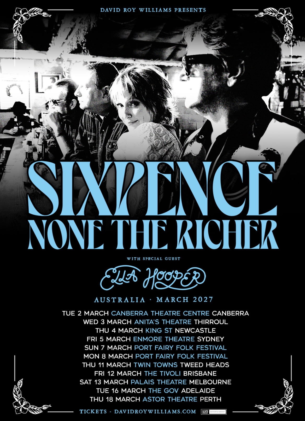 Tour poster for Sixpence None The Richer Australian Tour March 2027 featuring a black-and-white band photo with special guest Ella Hooper.